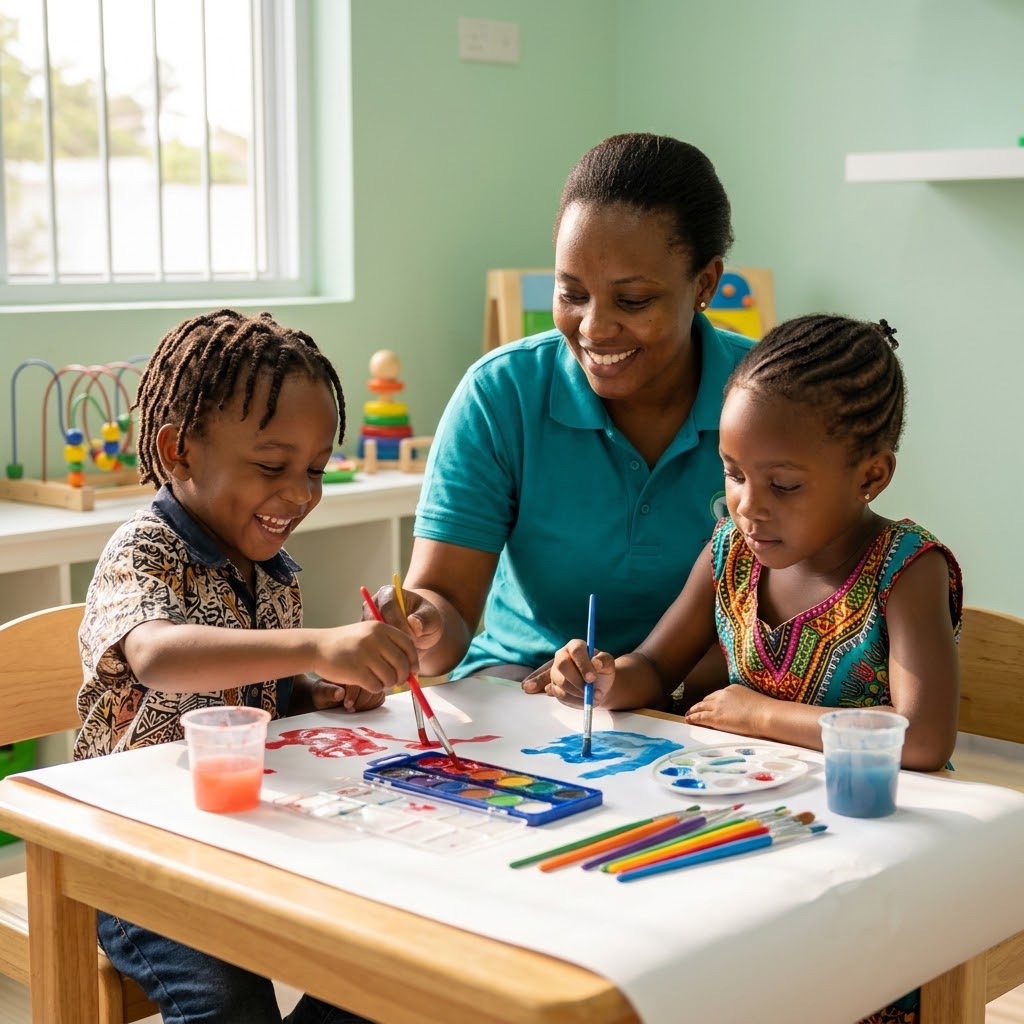 Therapist painting with two children